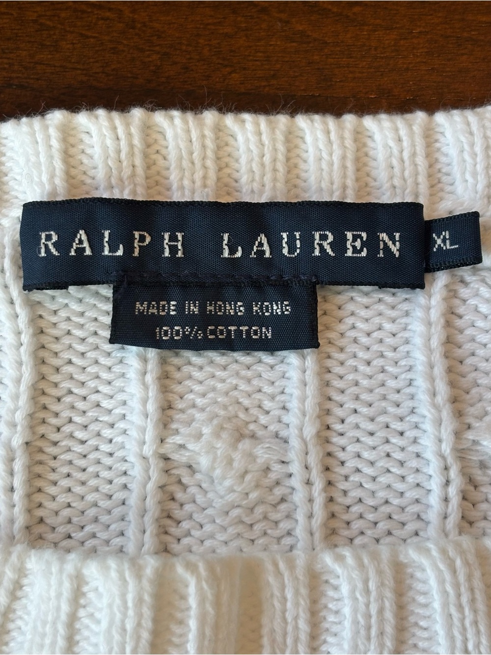 Ralph Lauren Cable Knit Crewneck Sweater XL White 100% Cotton Green Pony - Picture 3 of 7